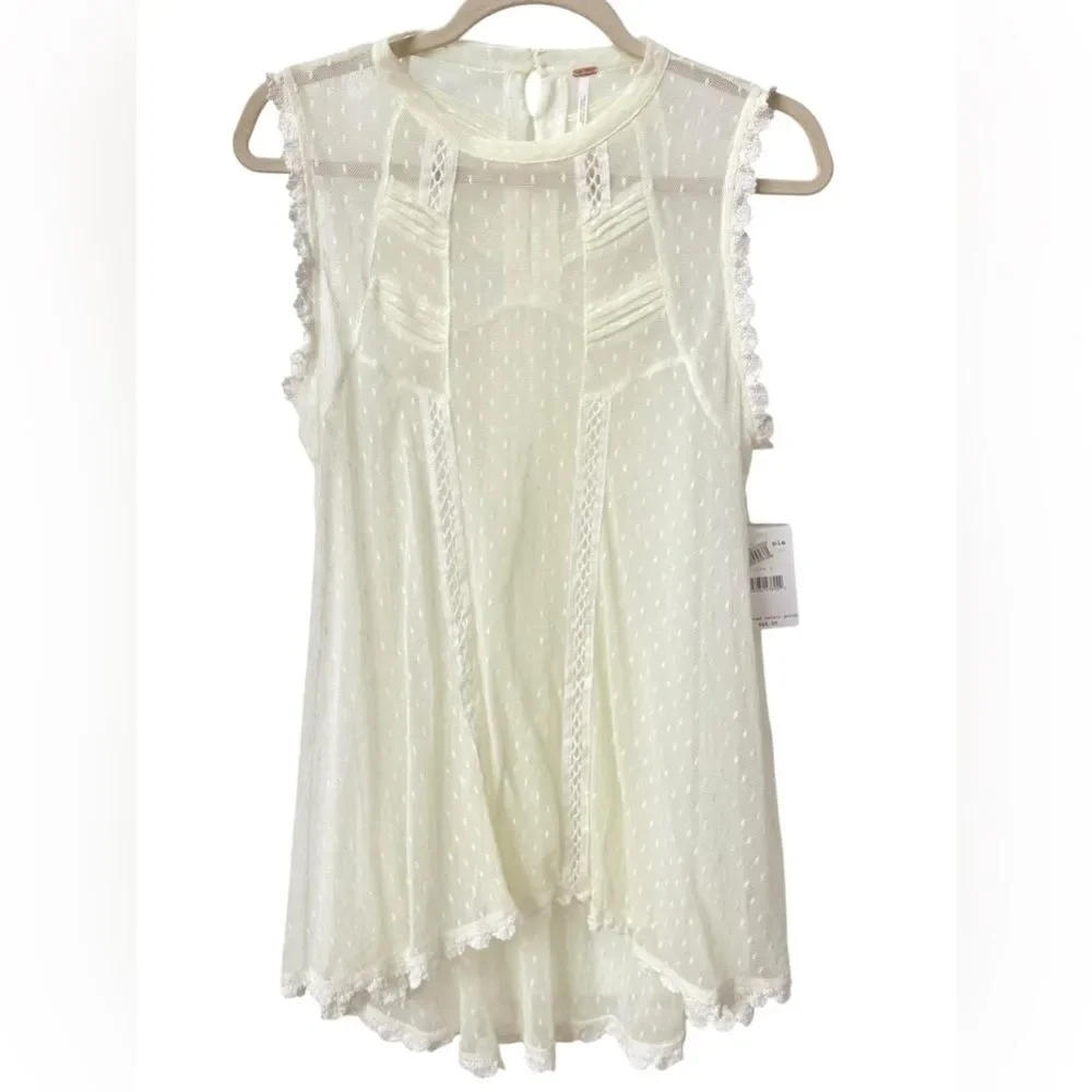Free People Flowy Sheer Lightweight Delicate Lace Detail Ivory Top. Large. NEW.